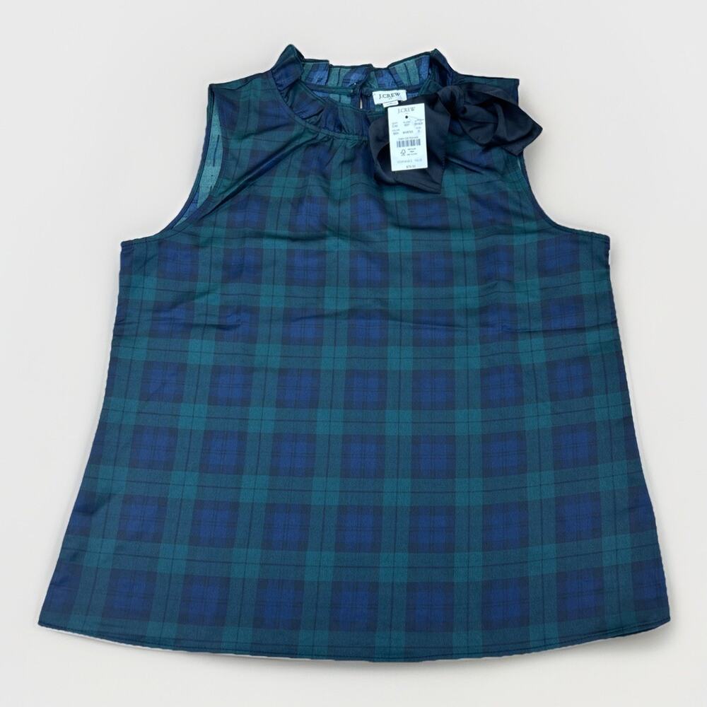 J.Crew Plaid Sleeveless Blouse Bow Neck Top Green Blue Womens S NWT Sheer